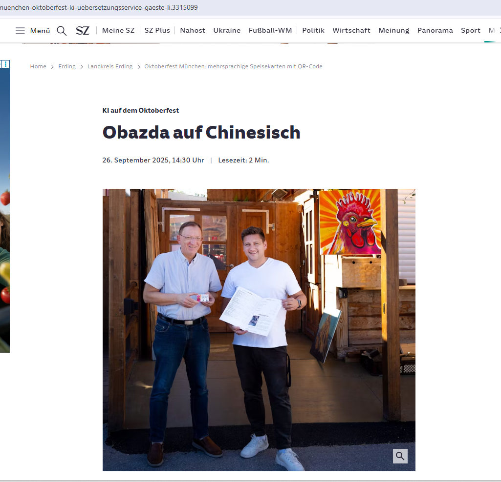 Süddeutsche-Zeitung-Bericht-QR-Translator-Oktoberfest-Alpha11-Goldener-Hahn-Able